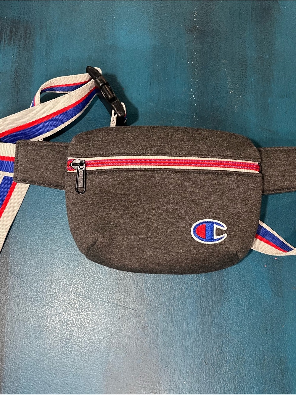 Champion Dark Gray Belt Bag with Red Zipper and Tricolor Strap